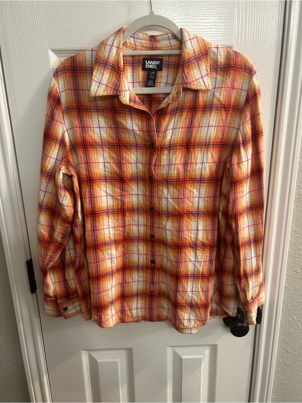 Lands End women’s petite large long sleeve plaid flannel shirt orange red white